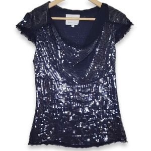 Madison Marcus Silk Sequins Plunge Neck Short Sleeve, Size M